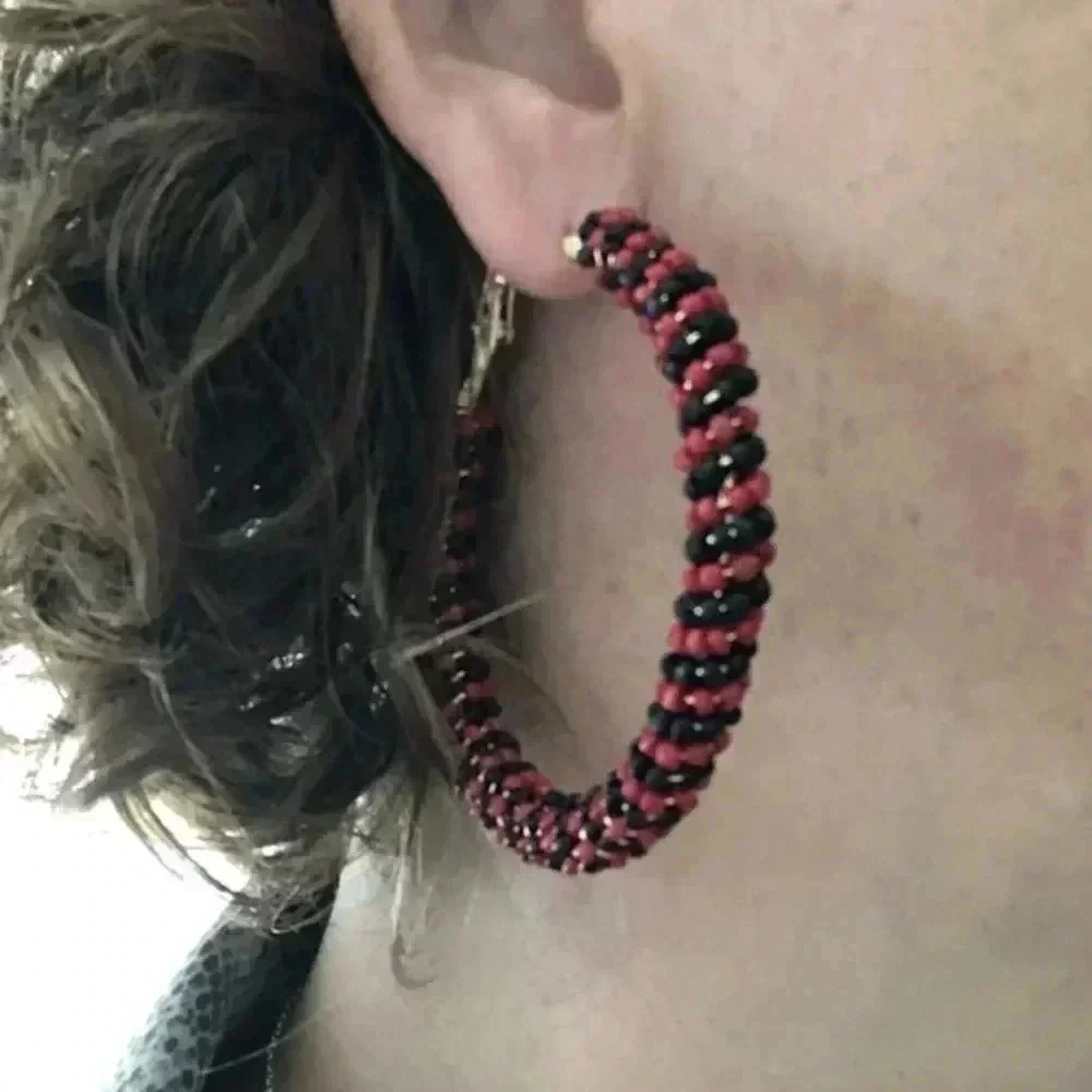 Red & Black Huge Seed Bead Stainless Steel Hoop Earrings NWT